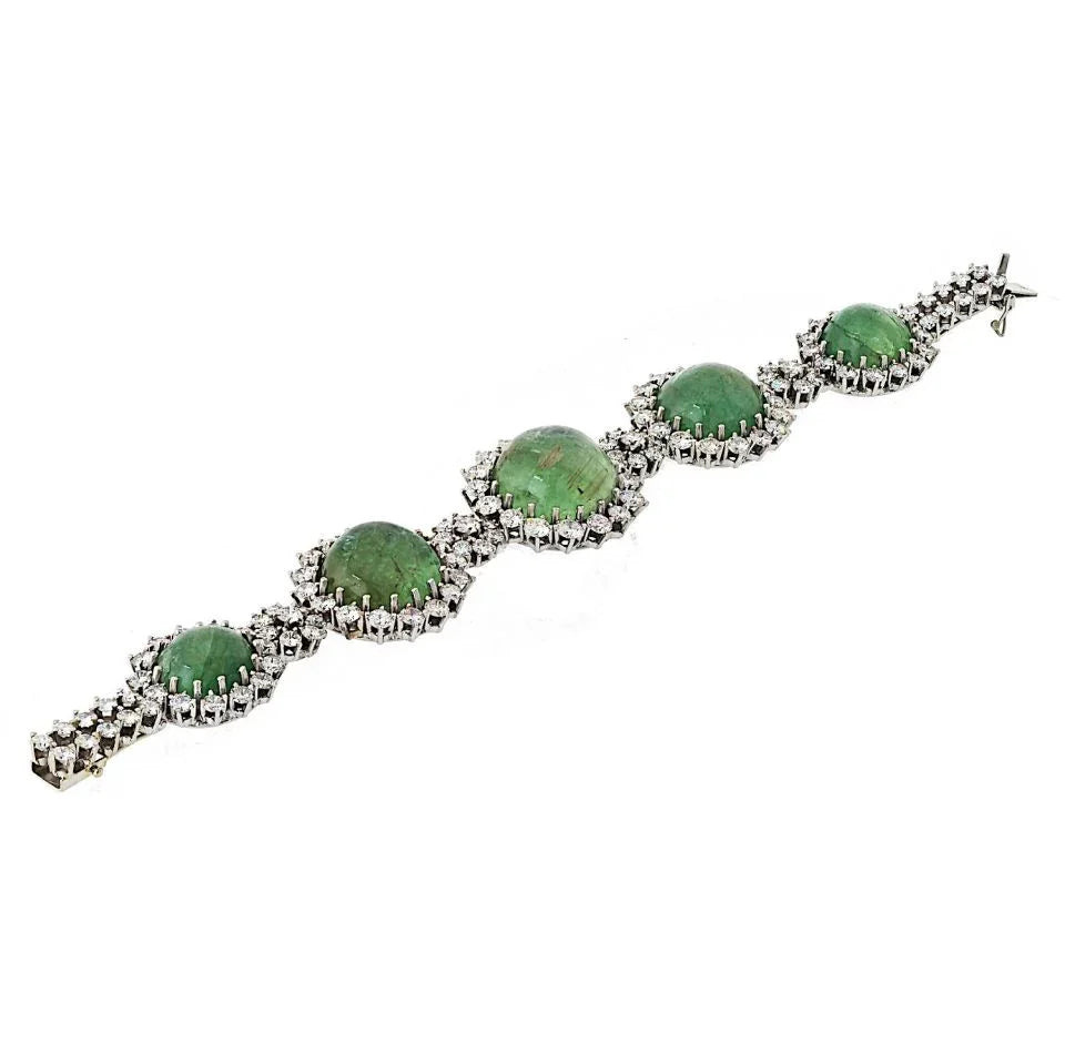 18K White Gold 1960's Cabochon Emerald And Diamond Bracelet - The Back Vault