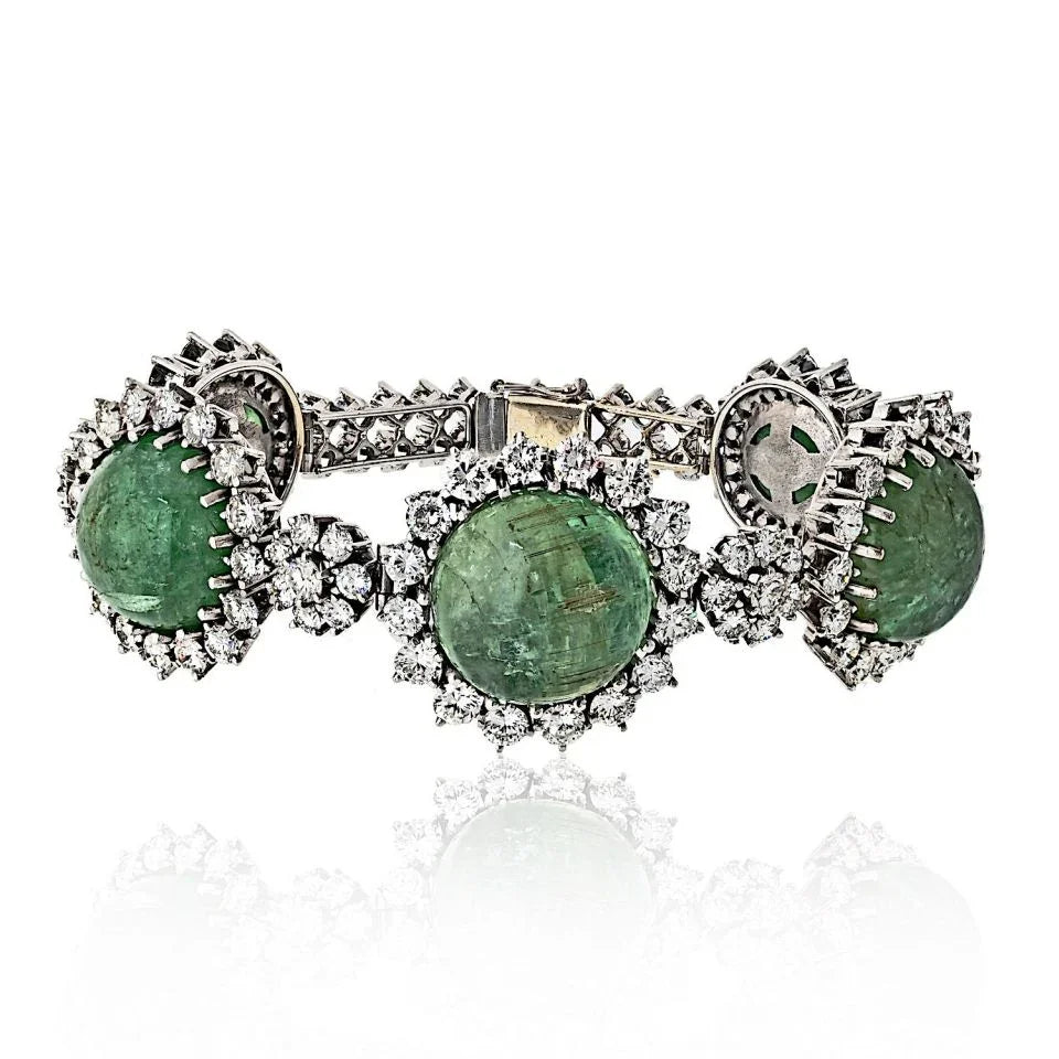 18K White Gold 1960's Cabochon Emerald And Diamond Bracelet - The Back Vault