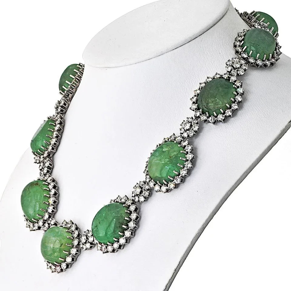 18K White Gold 1960's Cabochon Emerald And Diamond Necklace - The Back Vault