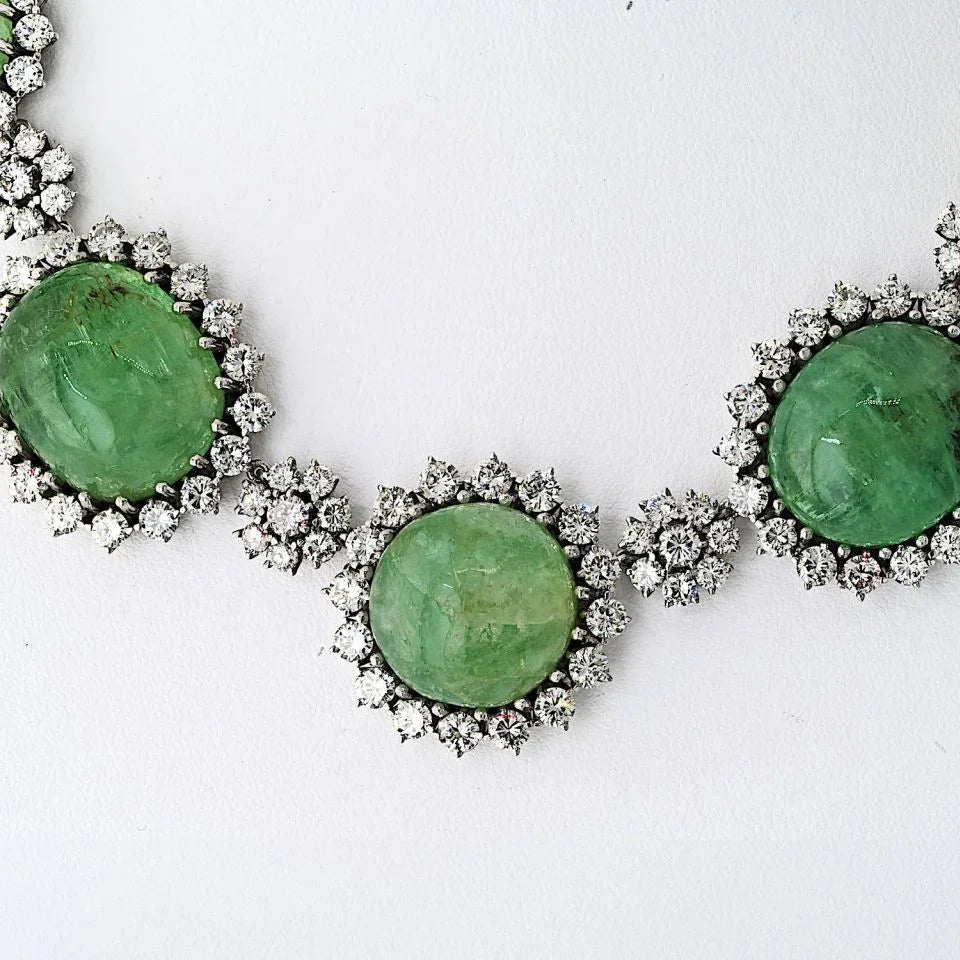 18K White Gold 1960's Cabochon Emerald And Diamond Necklace - The Back Vault