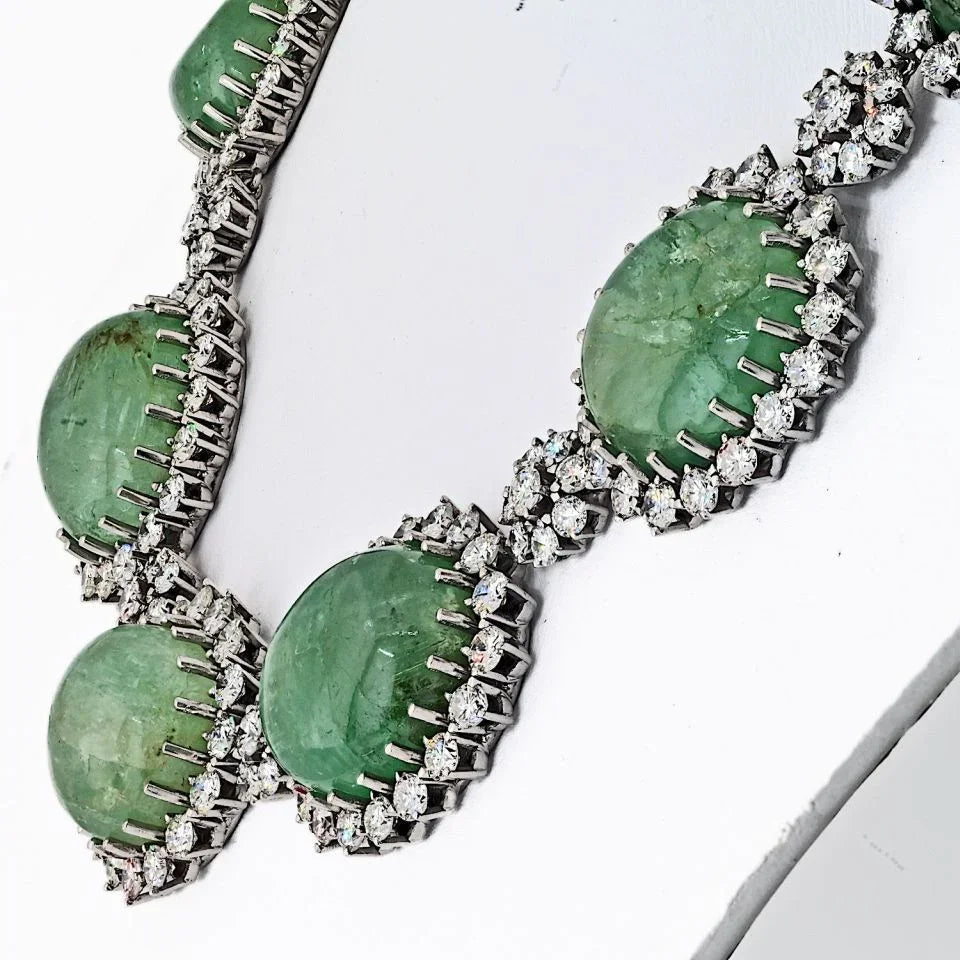 18K White Gold 1960's Cabochon Emerald And Diamond Necklace - The Back Vault