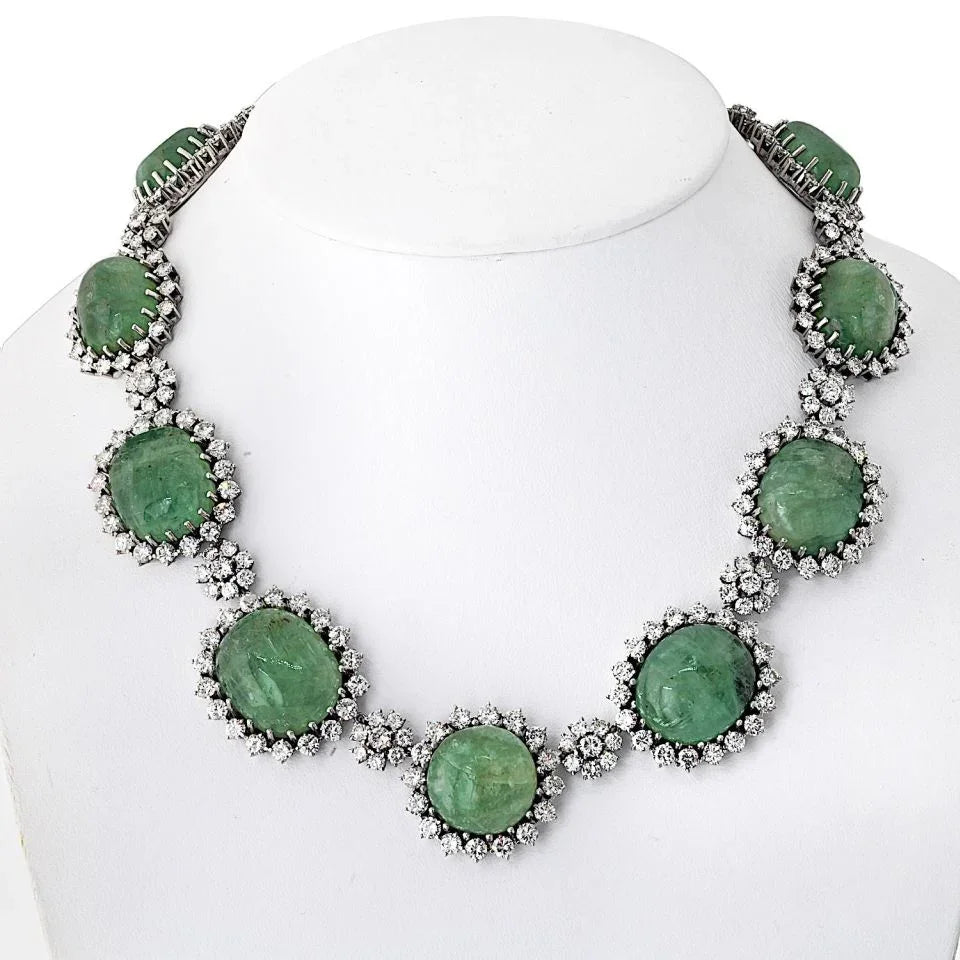 18K White Gold 1960's Cabochon Emerald And Diamond Necklace - The Back Vault