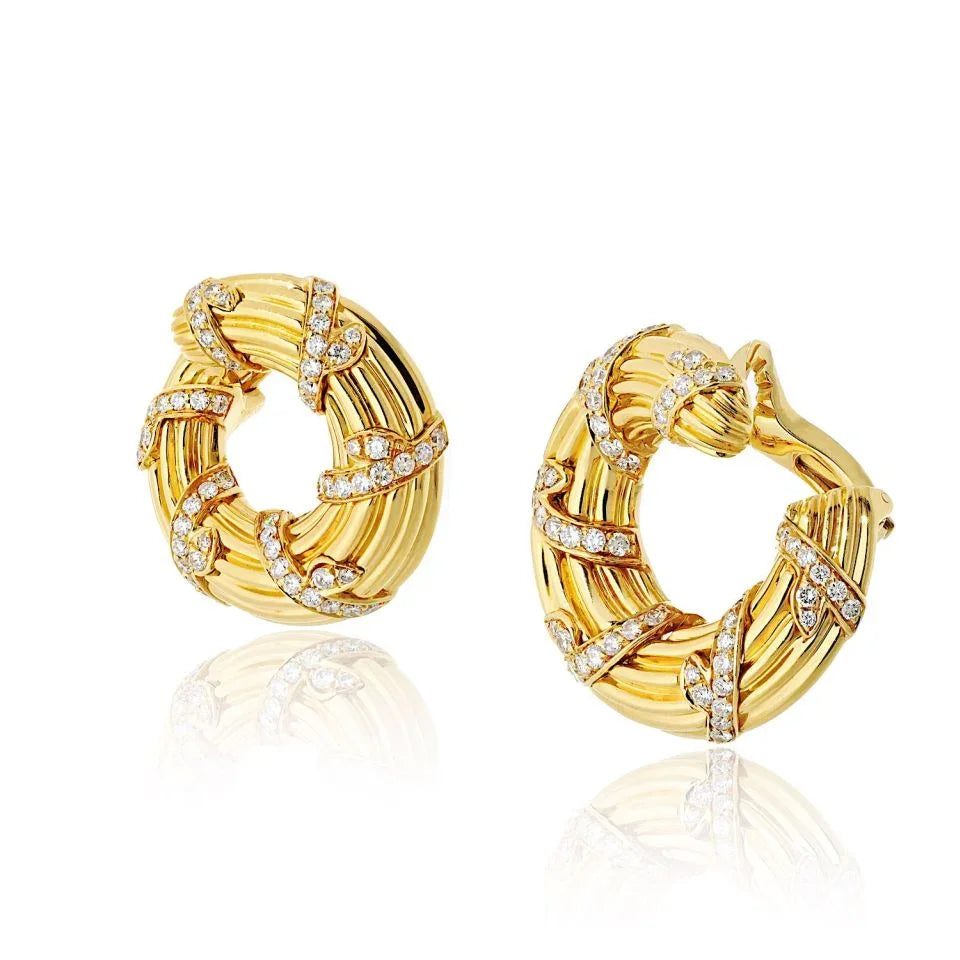 Cartier 18K Yellow Gold Fluted Diamond Vintage Earrings - The Back Vault
