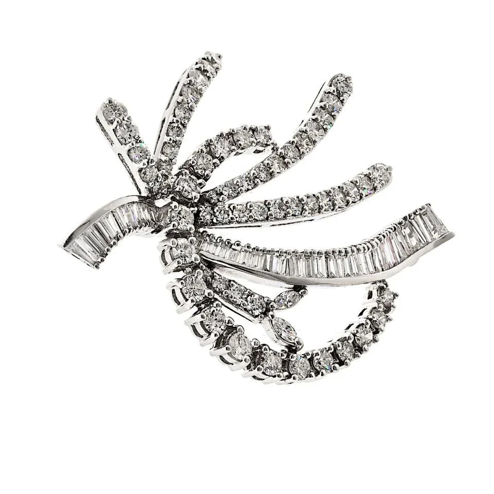14K White Gold Round And Baguette Diamond Brooch - The Back Vault
