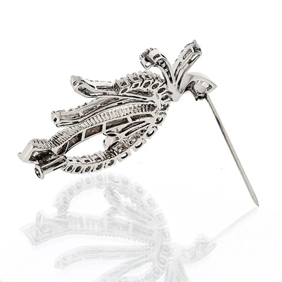 14K White Gold Round And Baguette Diamond Brooch - The Back Vault
