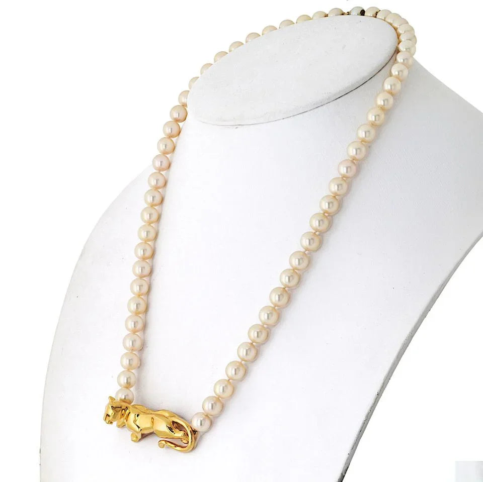 Cartier 18K Yellow Gold Panthere On A Pearl String Necklace - The Back Vault