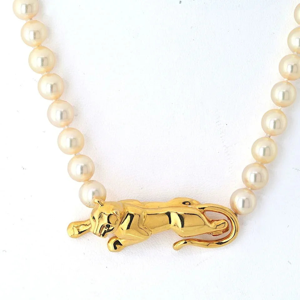 Cartier 18K Yellow Gold Panthere On A Pearl String Necklace - The Back Vault