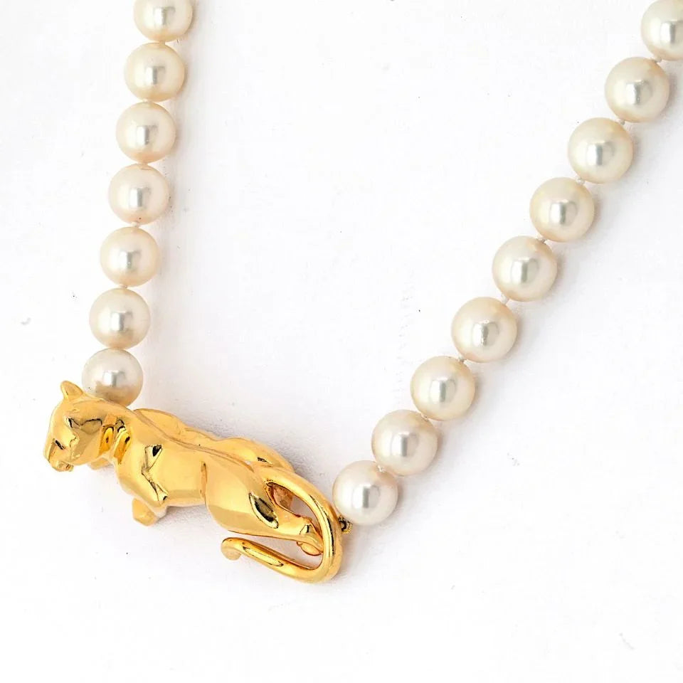 Cartier 18K Yellow Gold Panthere On A Pearl String Necklace - The Back Vault