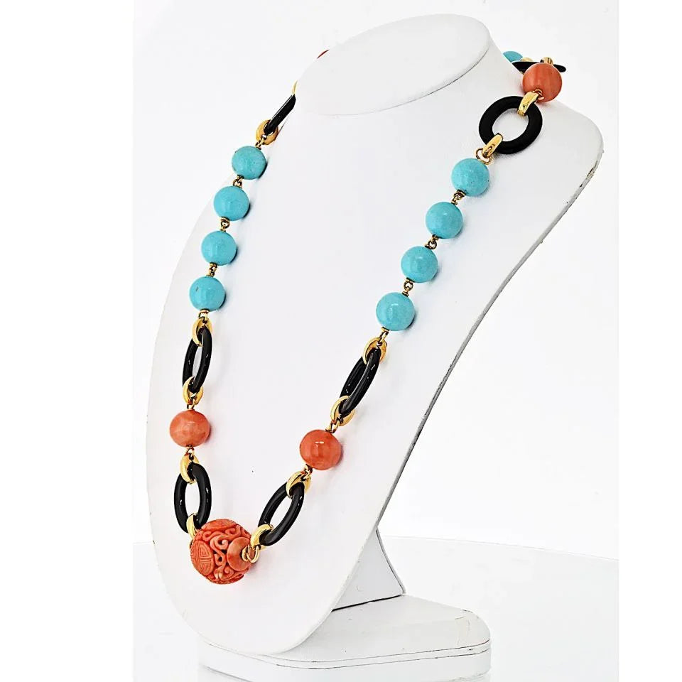 David Webb Platinum & 18K Yellow Gold Coral, Onyx, Turquoise Necklace - The Back Vault