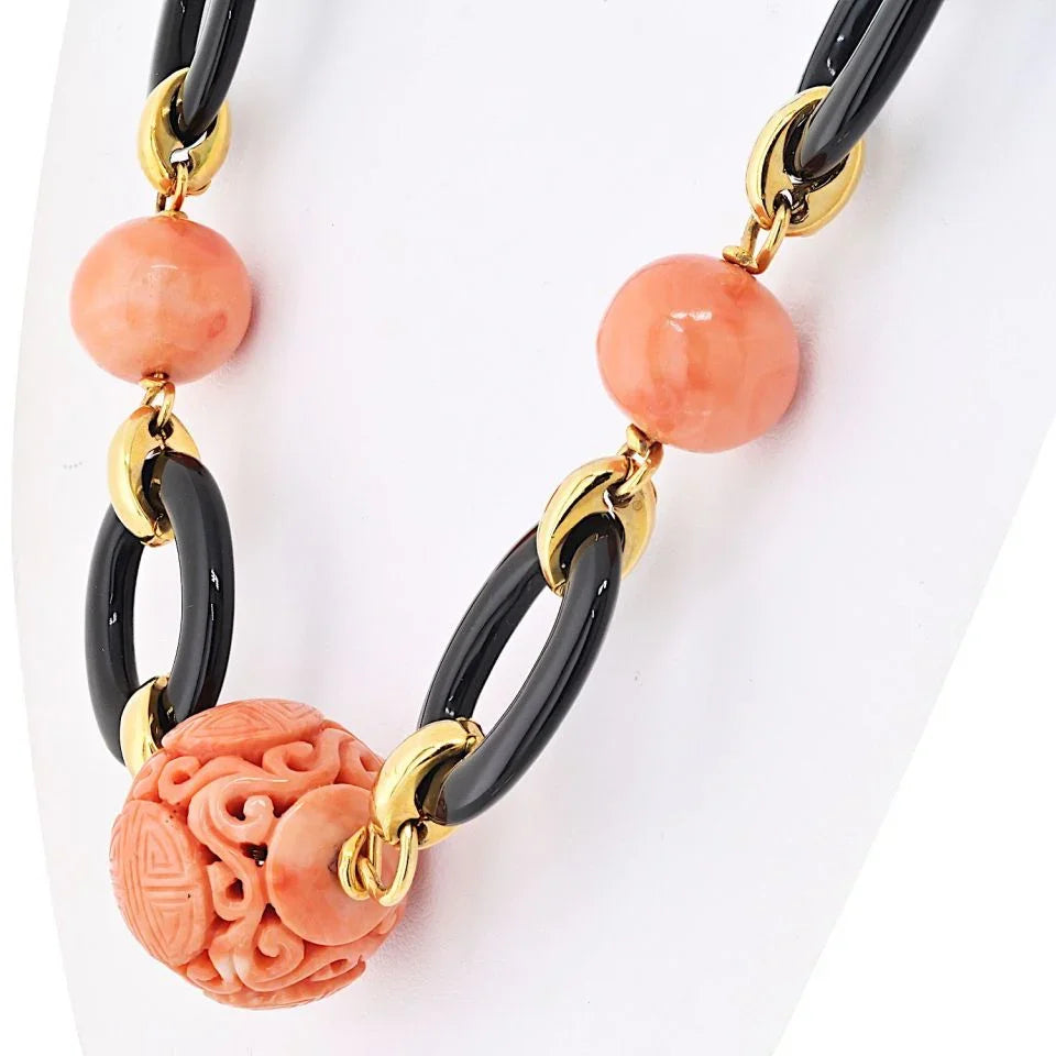 David Webb Platinum & 18K Yellow Gold Coral, Onyx, Turquoise Necklace - The Back Vault