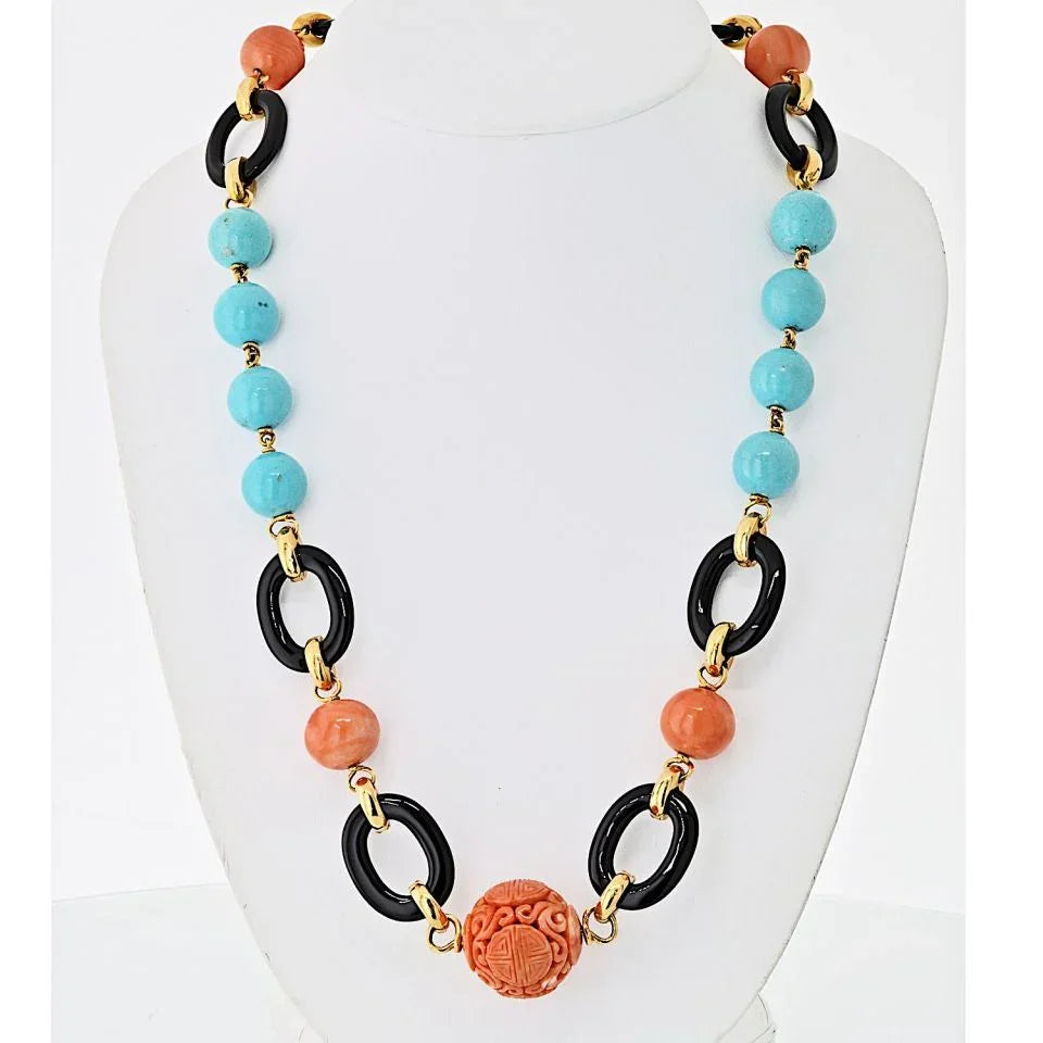 David Webb Platinum & 18K Yellow Gold Coral, Onyx, Turquoise Necklace - The Back Vault