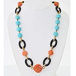 David Webb Platinum & 18K Yellow Gold Coral, Onyx, Turquoise Necklace