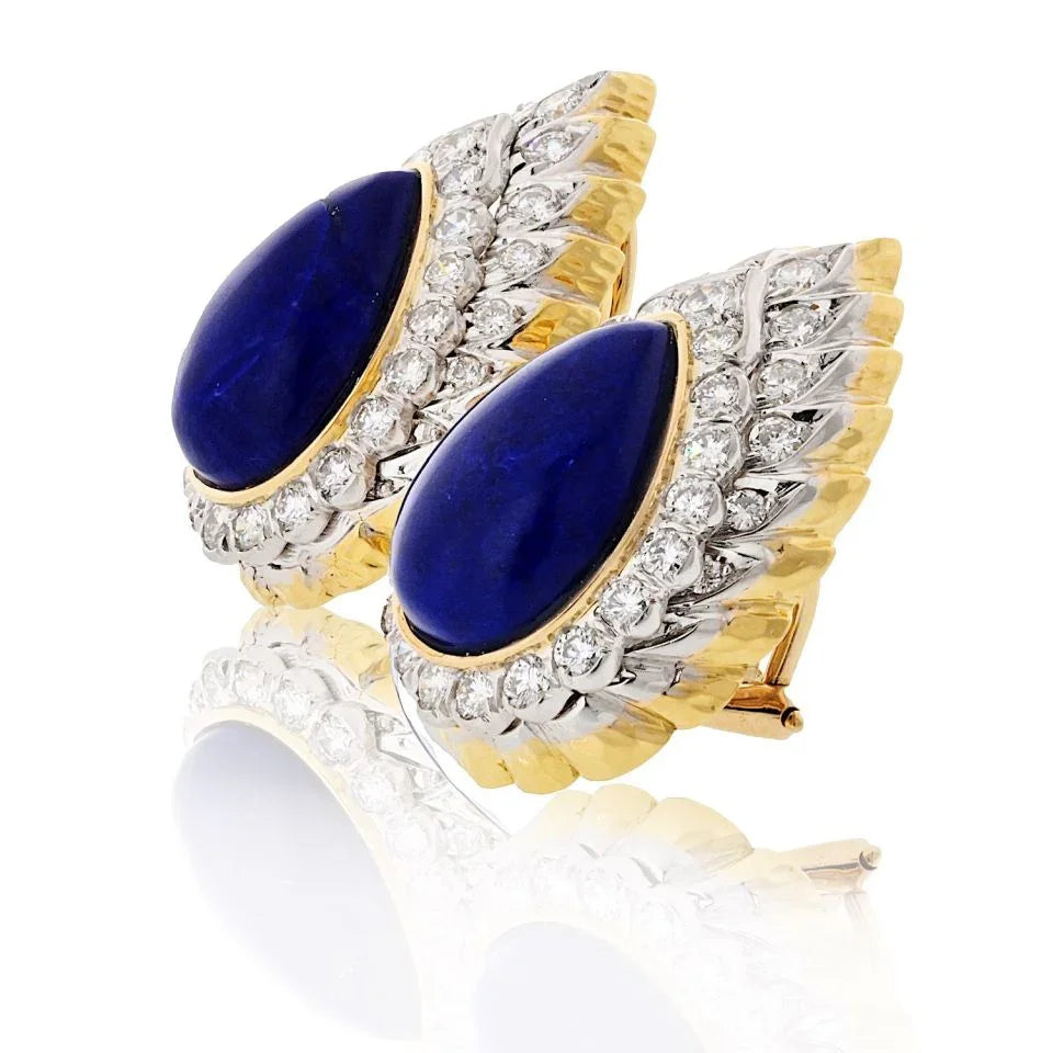 David Webb Platinum & 18K Yellow Gold Cabochon Pear Shaped Lapis And Diamond Clip Earrings - The Back Vault