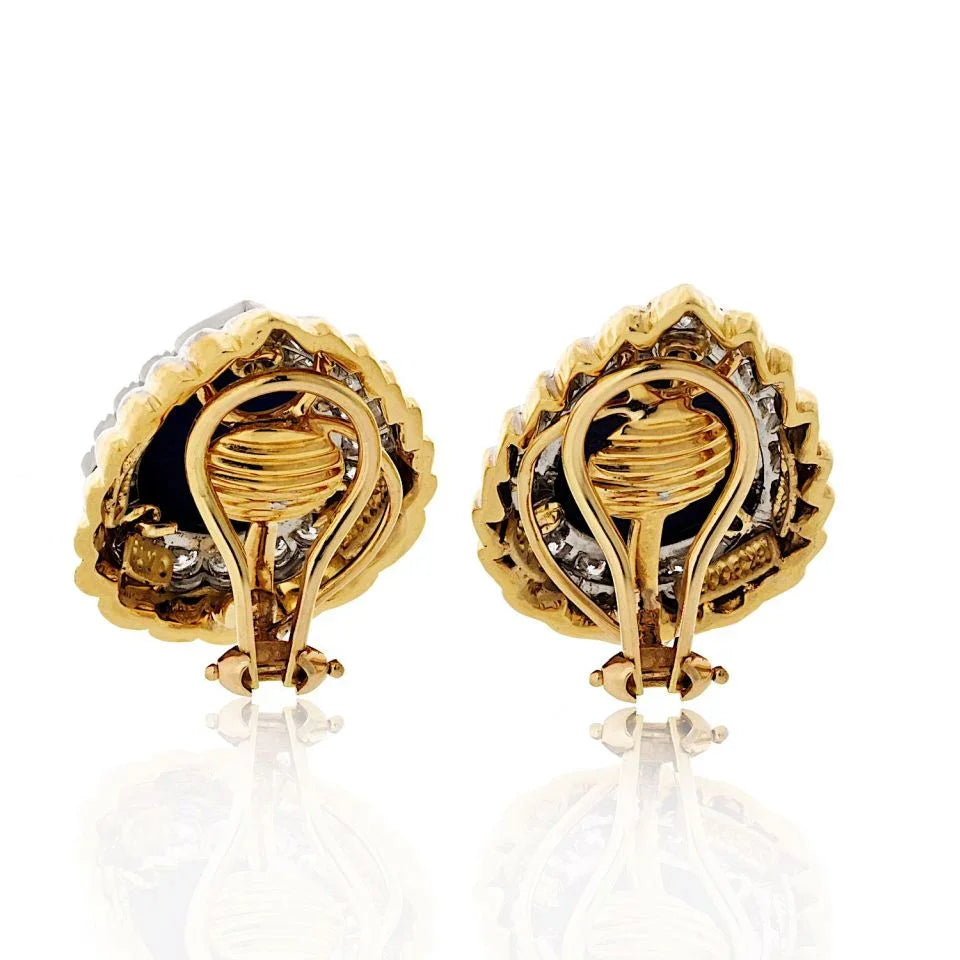 David Webb Platinum & 18K Yellow Gold Cabochon Pear Shaped Lapis And Diamond Clip Earrings - The Back Vault