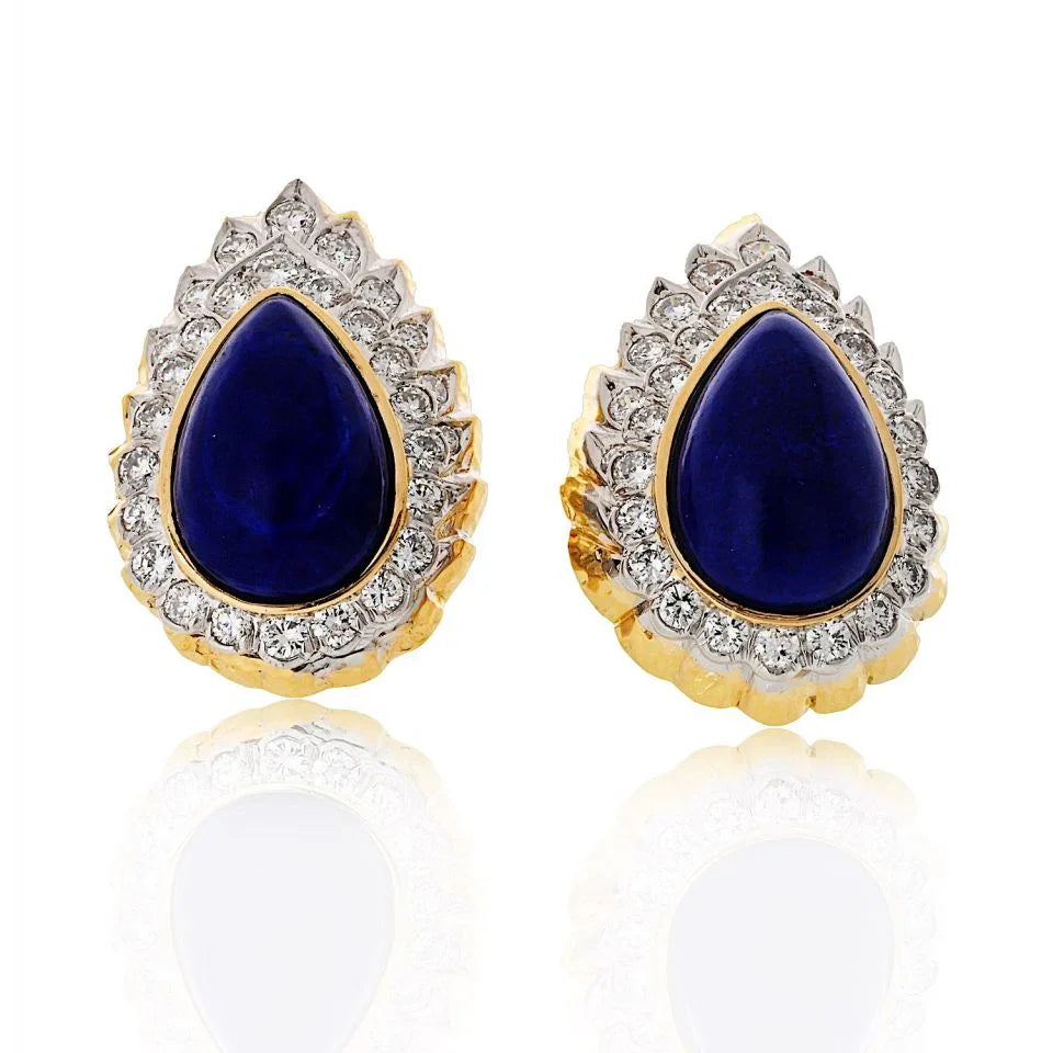 David Webb Platinum & 18K Yellow Gold Cabochon Pear Shaped Lapis And Diamond Clip Earrings - The Back Vault