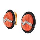 David Webb Platinum & 18K Yellow Gold Coral Carved Black Enamel Oval Clip Earrings - The Back Vault