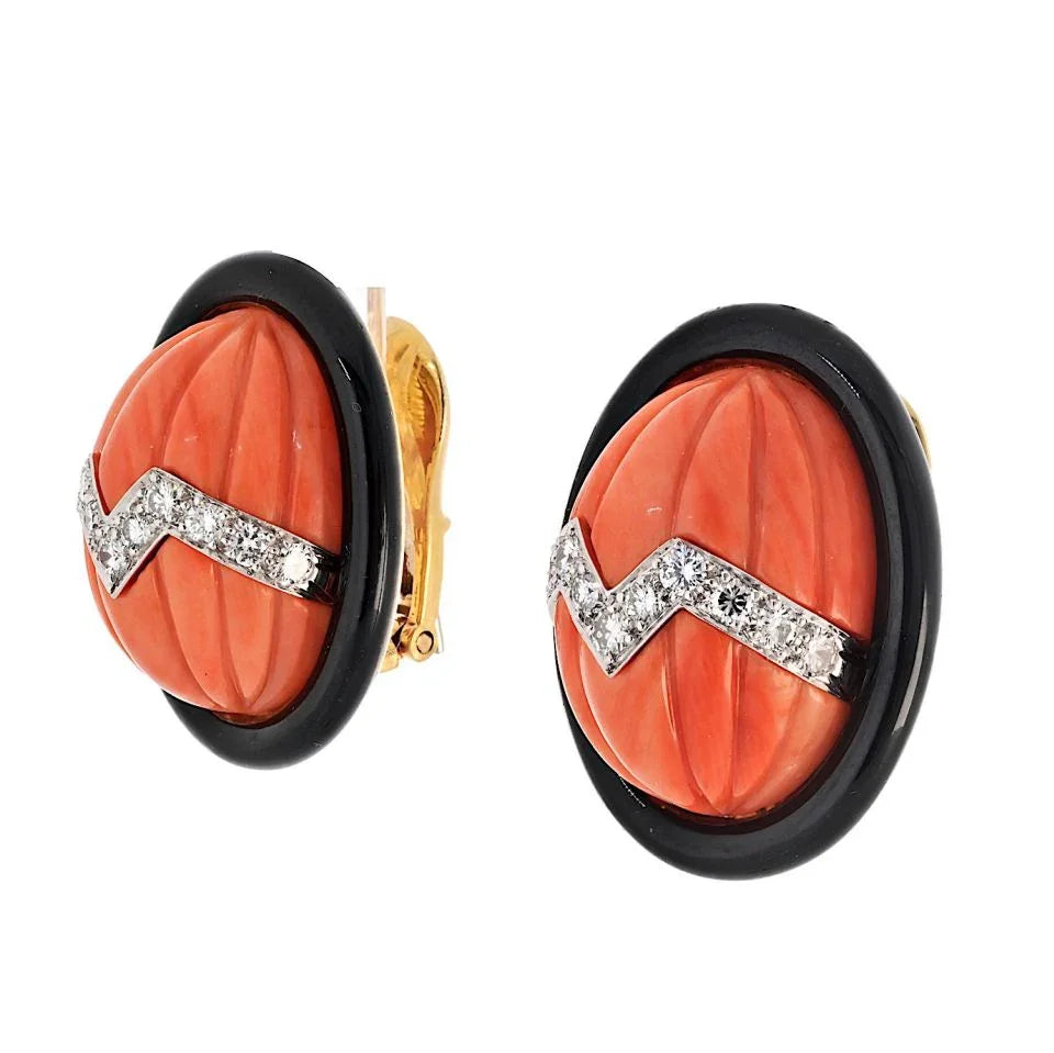 David Webb Platinum & 18K Yellow Gold Coral Carved Black Enamel Oval Clip Earrings - The Back Vault