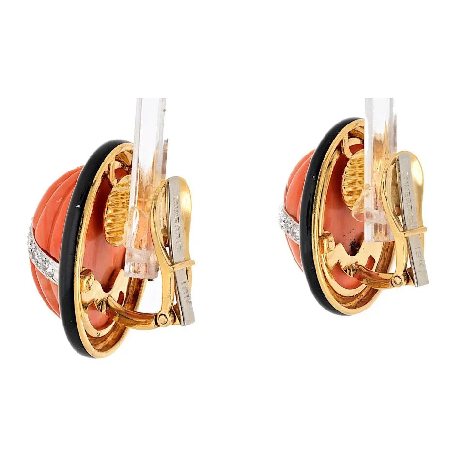 David Webb Platinum & 18K Yellow Gold Coral Carved Black Enamel Oval Clip Earrings - The Back Vault