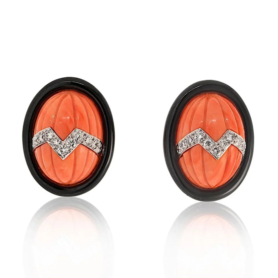 David Webb Platinum & 18K Yellow Gold Coral Carved Black Enamel Oval Clip Earrings - The Back Vault