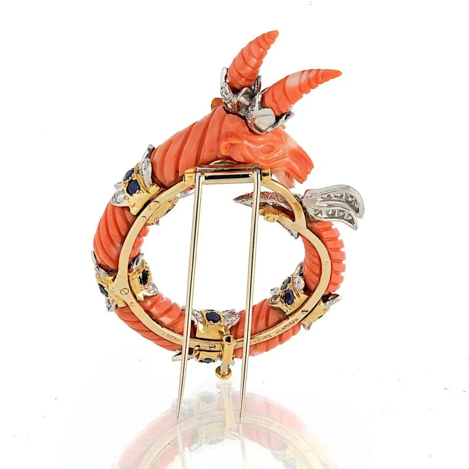 David Webb Platinum & 18K Yellow Gold Carved Coral Mountain Goat Capricorn Brooch - The Back Vault