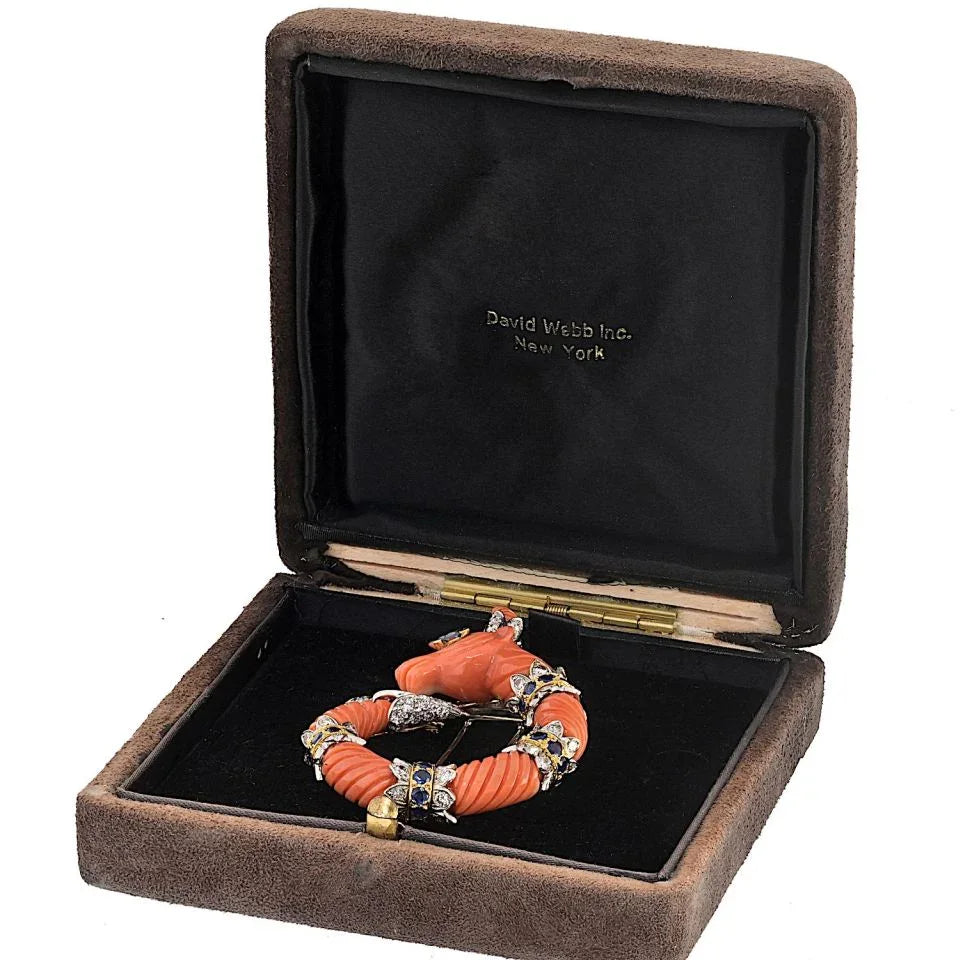 David Webb Platinum & 18K Yellow Gold Carved Coral Mountain Goat Capricorn Brooch - The Back Vault