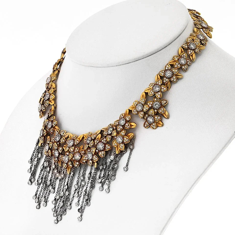 Kieselstein Cord 18K Two Tone Diamond Flower Drop Dangle Tassel Necklace - The Back Vault
