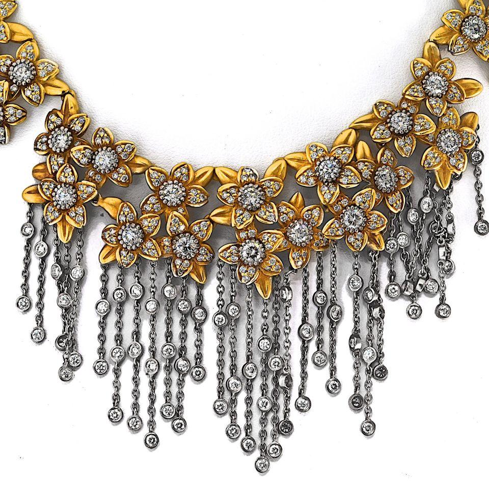 Kieselstein Cord 18K Two Tone Diamond Flower Drop Dangle Tassel Necklace - The Back Vault