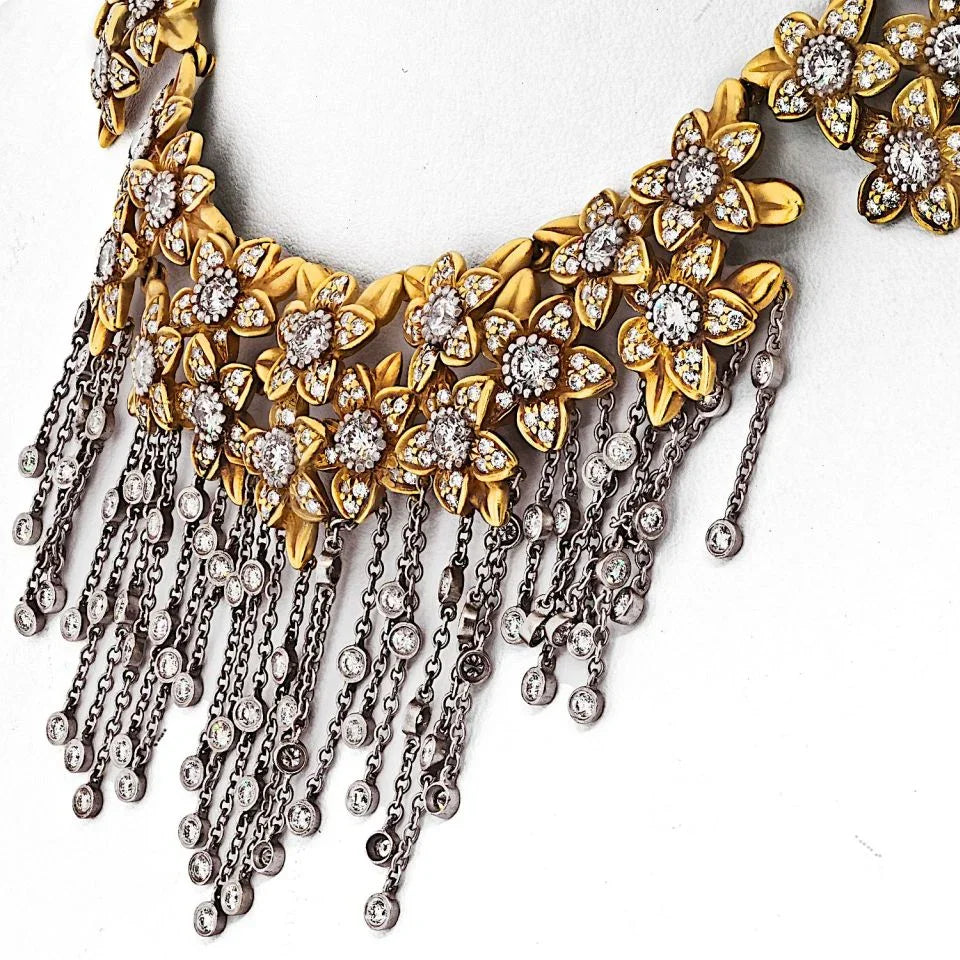 Kieselstein Cord 18K Two Tone Diamond Flower Drop Dangle Tassel Necklace - The Back Vault