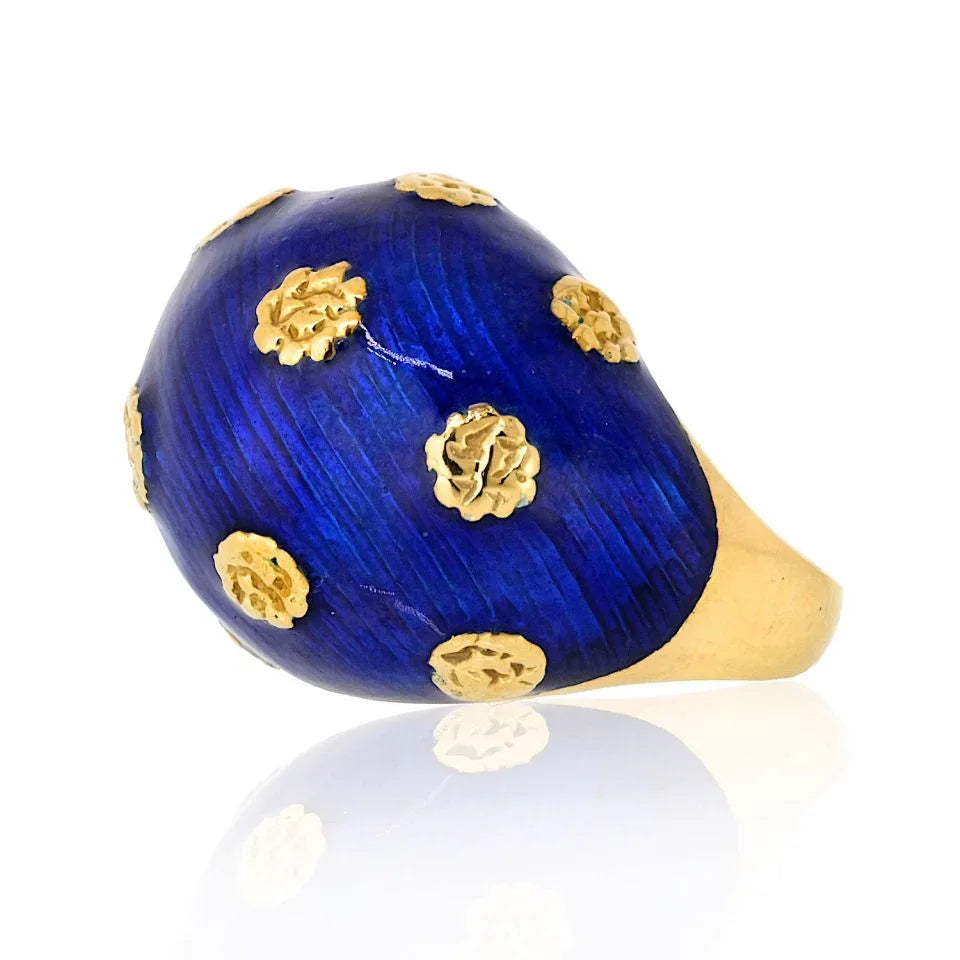 Van Cleef & Arpels 18K Yellow Gold 1970's Blue Enamel Ring And Earrings Jewelry Set - The Back Vault