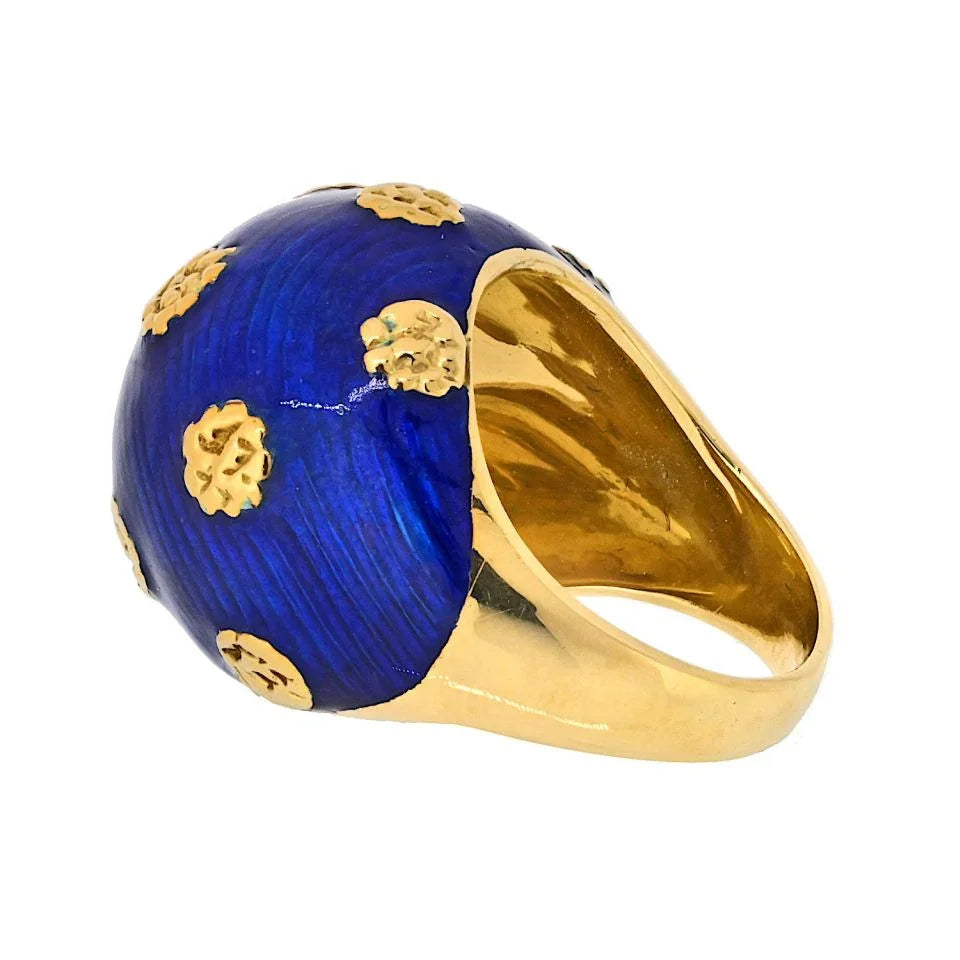 Van Cleef & Arpels 18K Yellow Gold 1970's Blue Enamel Ring And Earrings Jewelry Set - The Back Vault