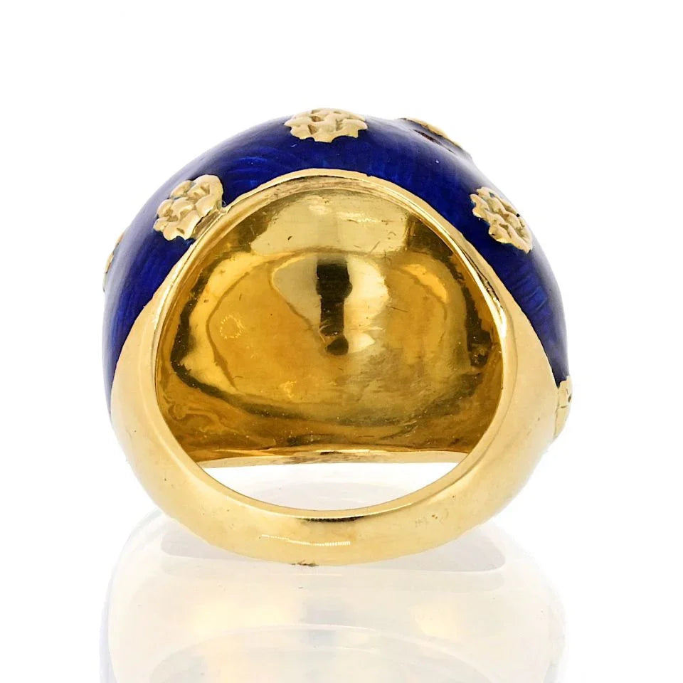 Van Cleef & Arpels 18K Yellow Gold 1970's Blue Enamel Ring And Earrings Jewelry Set - The Back Vault