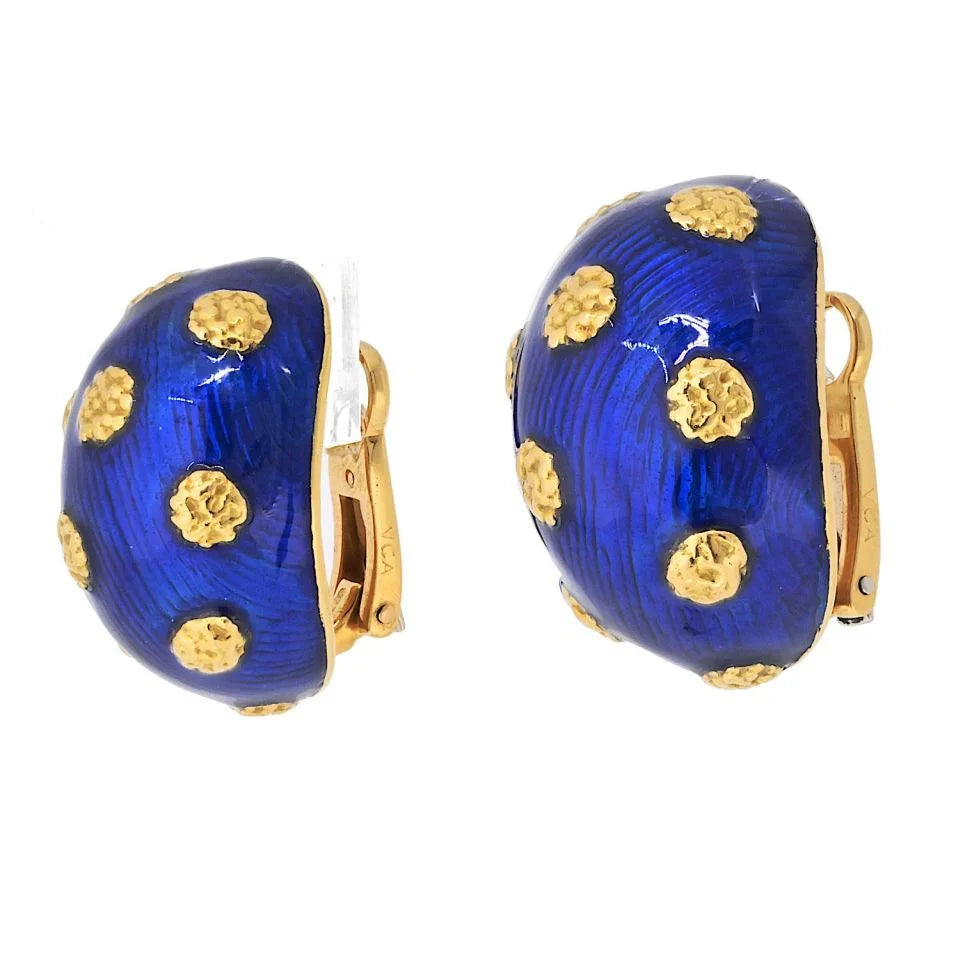 Van Cleef & Arpels 18K Yellow Gold 1970's Blue Enamel Ring And Earrings Jewelry Set - The Back Vault