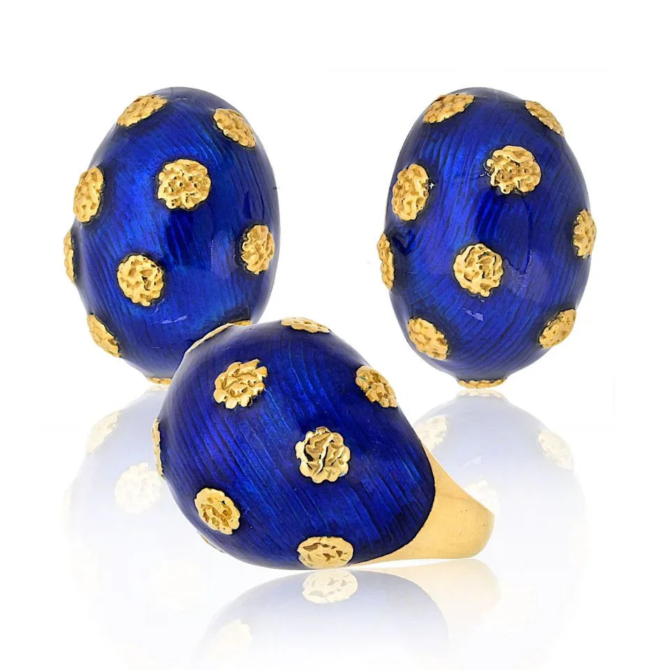 Van Cleef & Arpels 18K Yellow Gold 1970's Blue Enamel Ring And Earrings Jewelry Set - The Back Vault