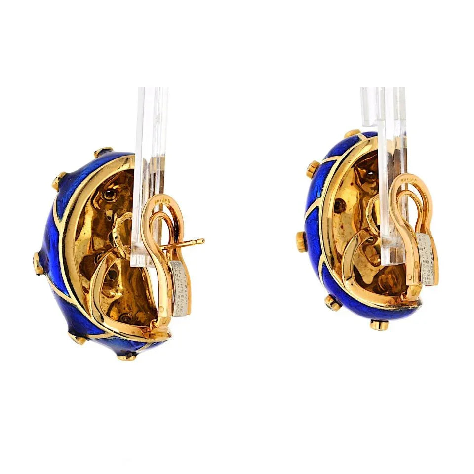 Tiffany & Co. Schlumberger Platinum & 18K Yellow Gold Blue Enamel And Diamond Earrings - The Back Vault