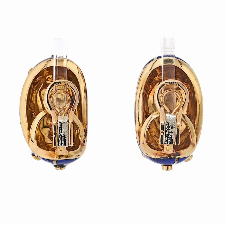 Tiffany & Co. Schlumberger Platinum & 18K Yellow Gold Blue Enamel And Diamond Earrings - The Back Vault