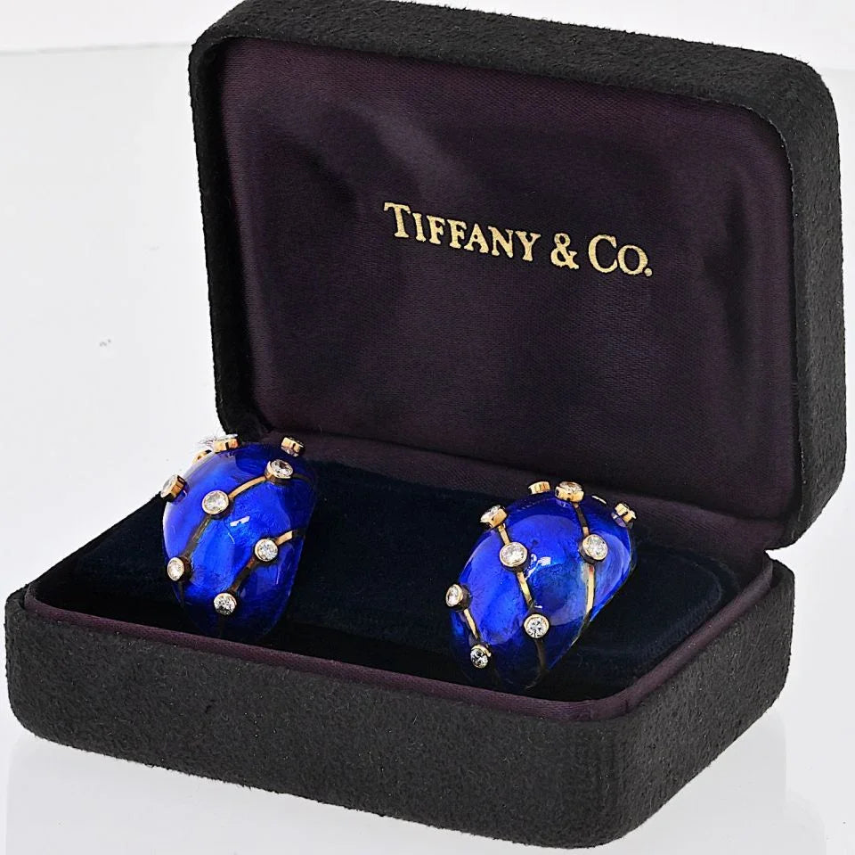 Tiffany & Co. Schlumberger Platinum & 18K Yellow Gold Blue Enamel And Diamond Earrings - The Back Vault