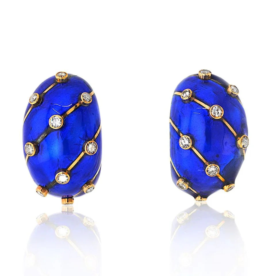 Tiffany & Co. Schlumberger Platinum & 18K Yellow Gold Blue Enamel And Diamond Earrings - The Back Vault