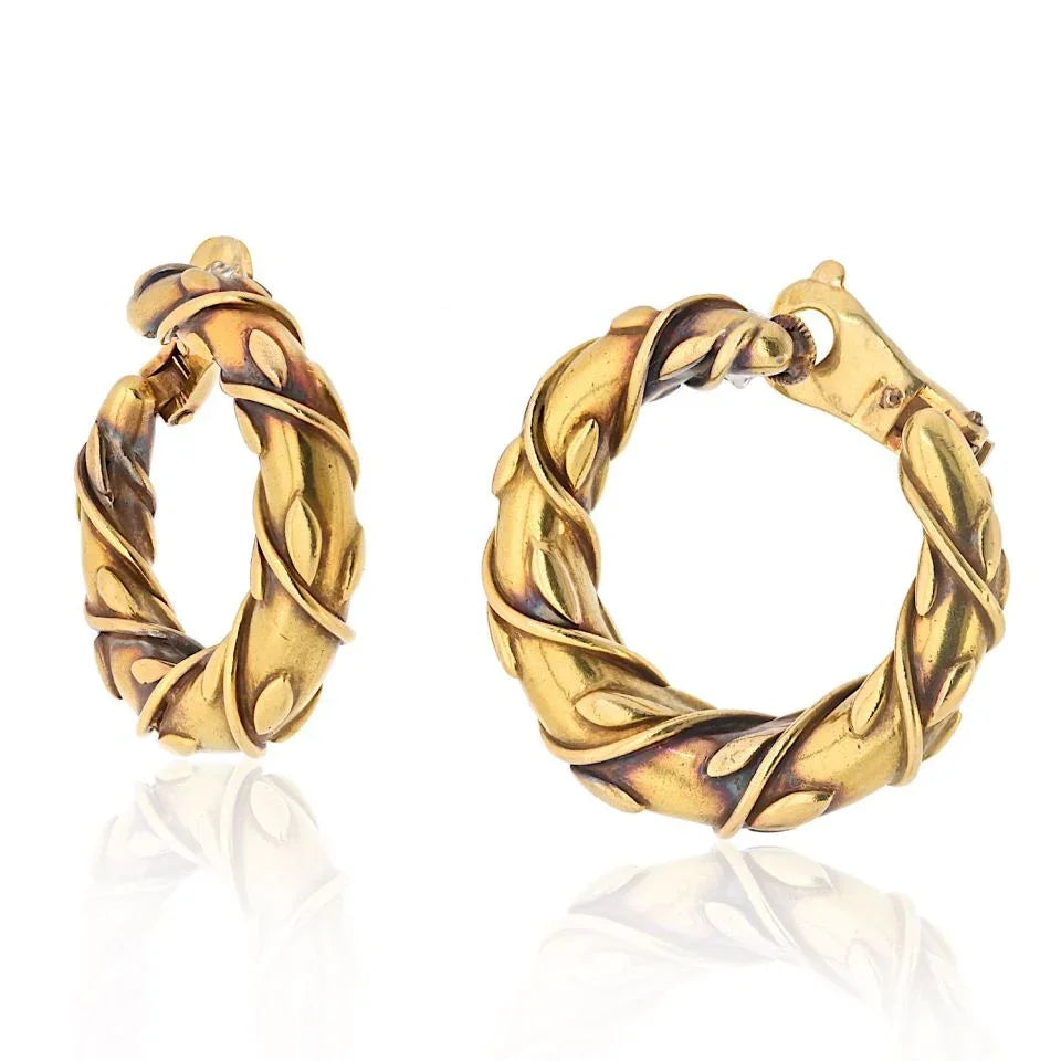 Vintage 18K Yellow Gold Vine Front Facing Hoop Earrings - The Back Vault