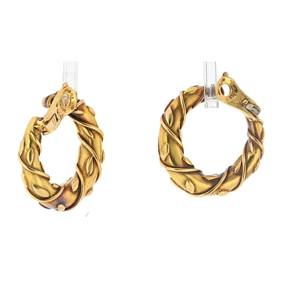 Vintage 18K Yellow Gold Vine Front Facing Hoop Earrings - The Back Vault