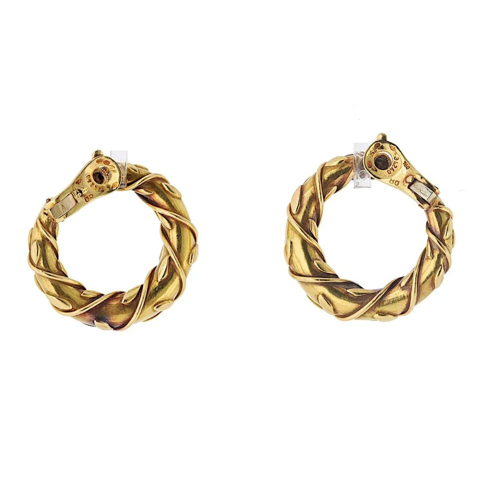 Vintage 18K Yellow Gold Vine Front Facing Hoop Earrings - The Back Vault