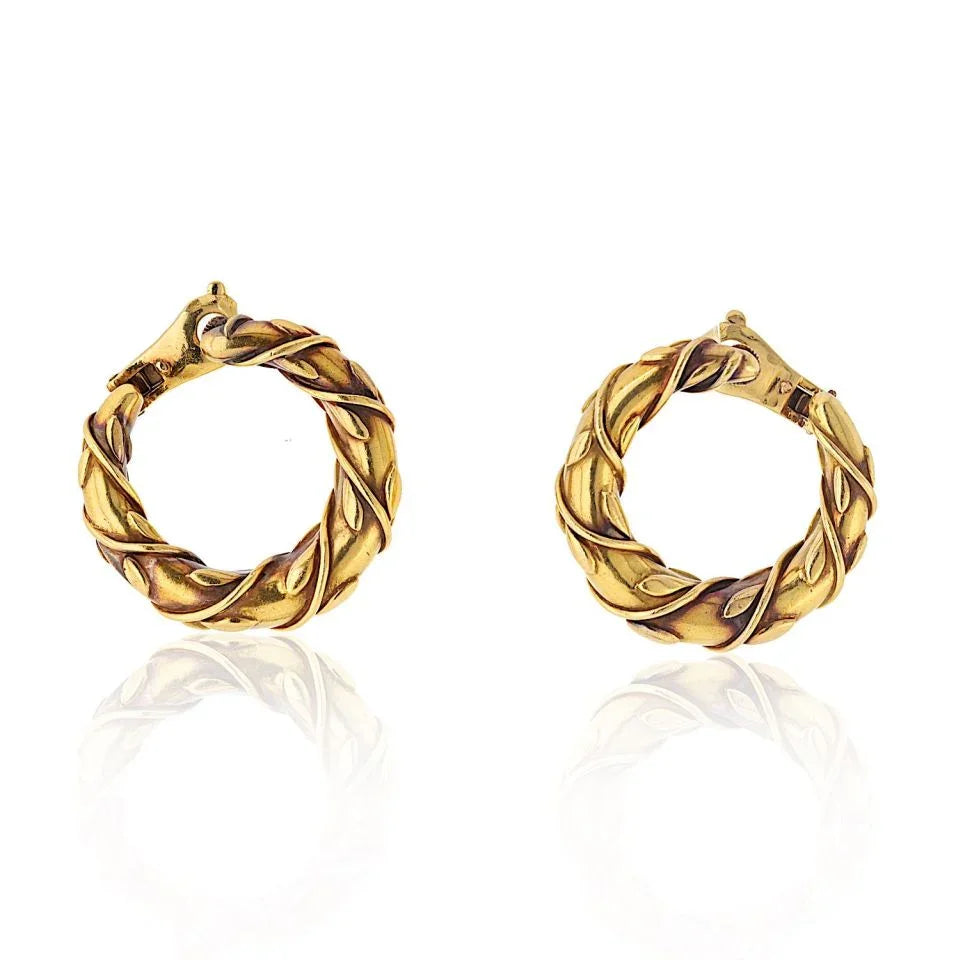 Vintage 18K Yellow Gold Vine Front Facing Hoop Earrings - The Back Vault