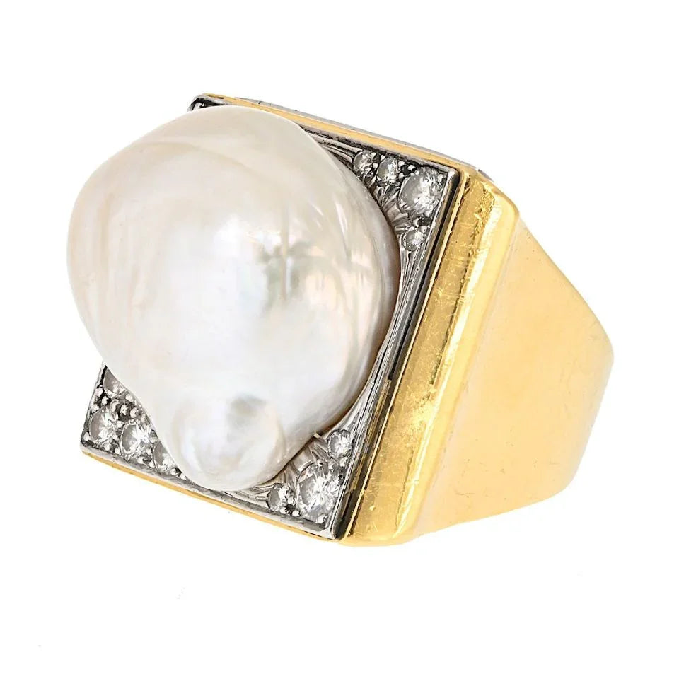 David Webb Platinum & 18K Yellow Gold Baroque Pearl Diamond Ring - The Back Vault