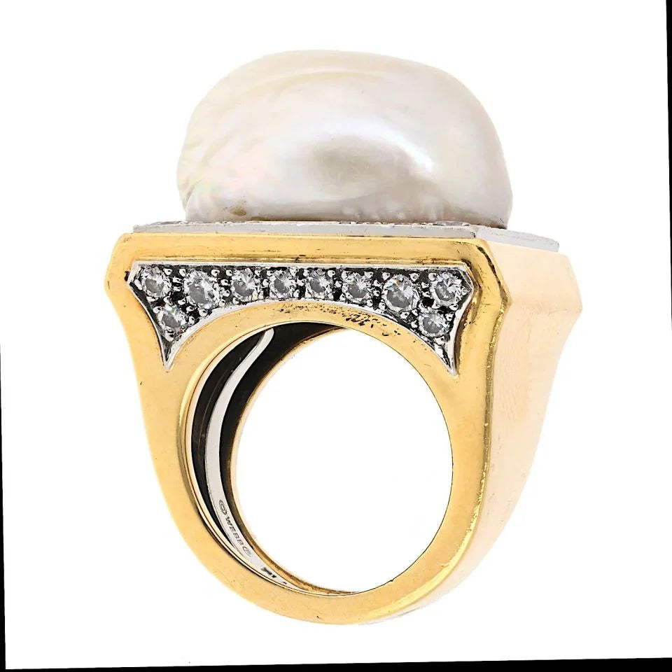 David Webb Platinum & 18K Yellow Gold Baroque Pearl Diamond Ring - The Back Vault