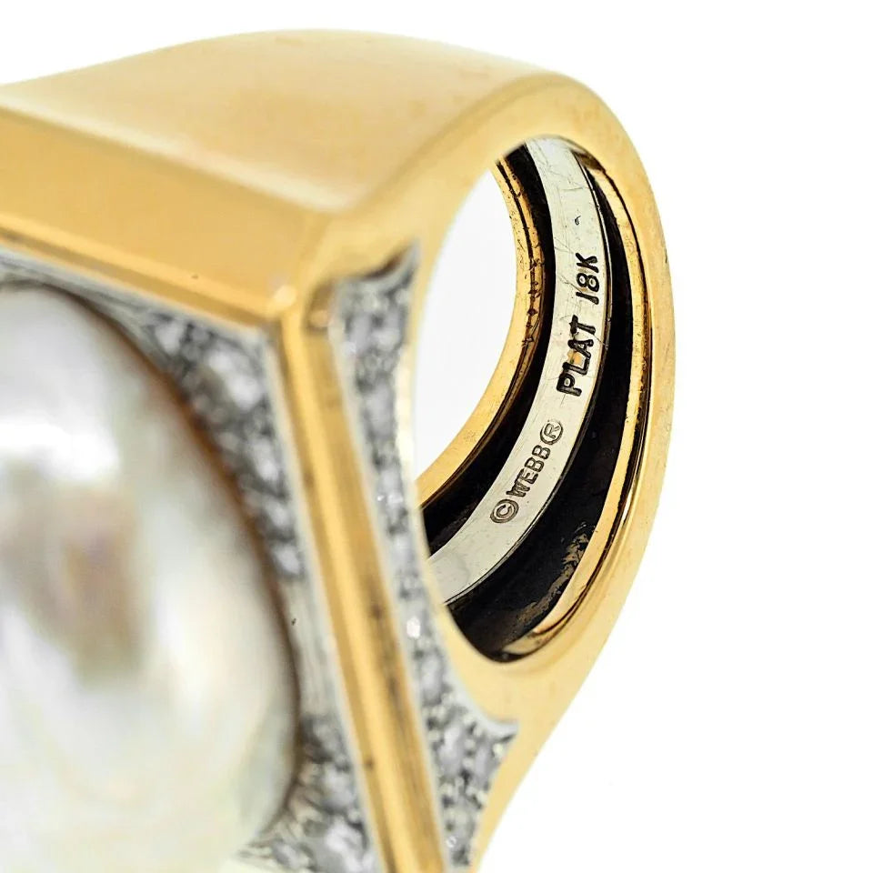 David Webb Platinum & 18K Yellow Gold Baroque Pearl Diamond Ring - The Back Vault