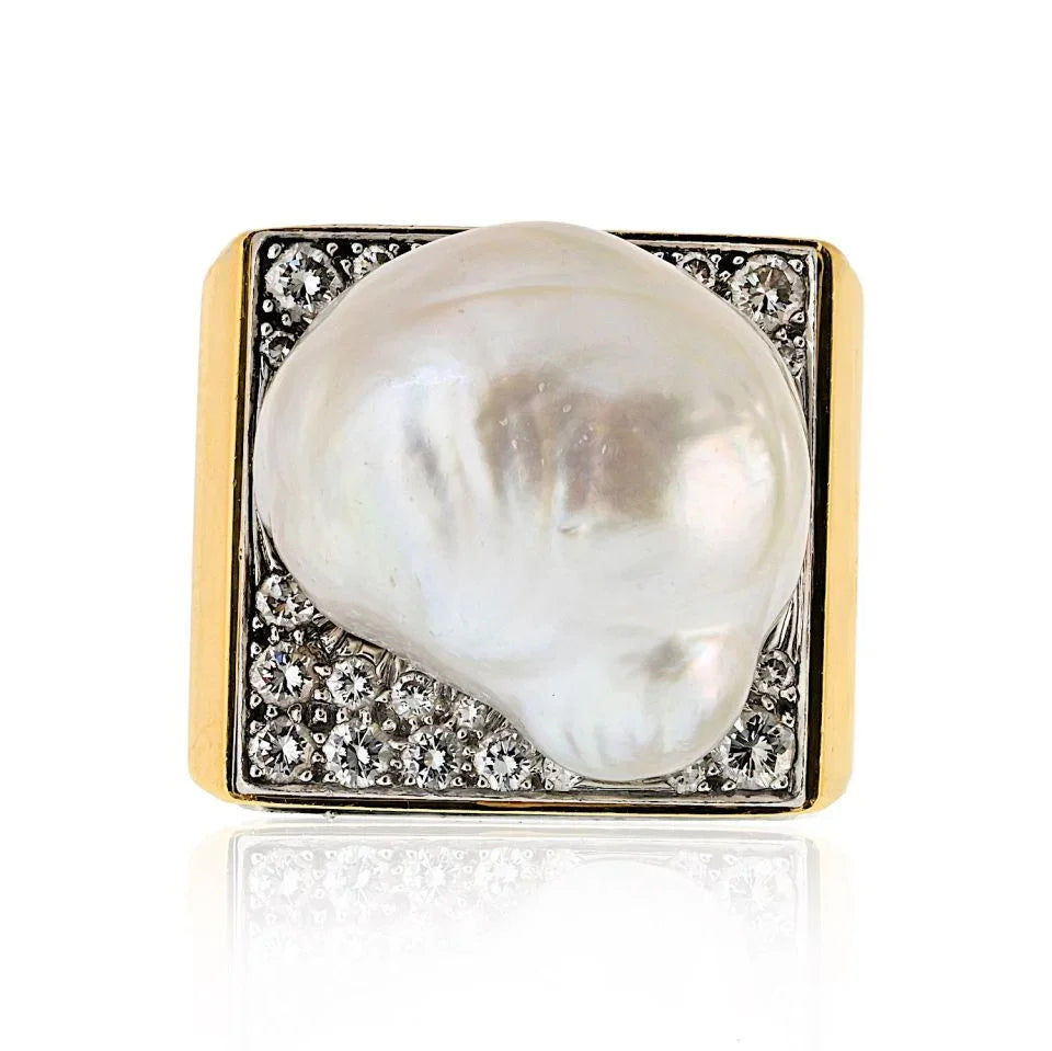 David Webb Platinum & 18K Yellow Gold Baroque Pearl Diamond Ring - The Back Vault