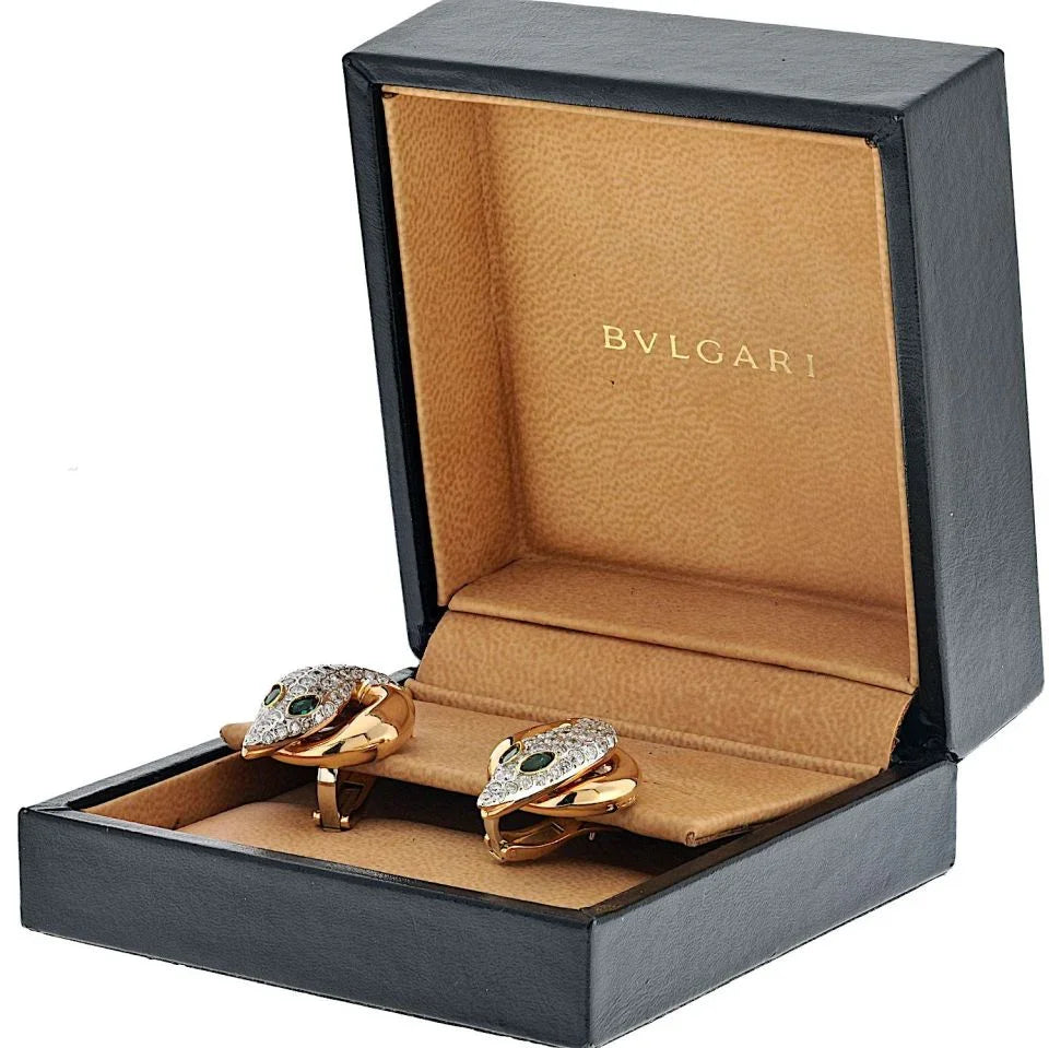 Bvlgari 18K Rose Gold Serpent Diamond And Emerald Earrings - The Back Vault