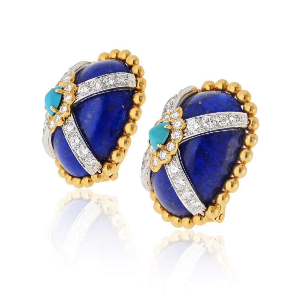 David Webb Platinum & 18K Yellow Gold Turquoise Lapis And Diamond Clip On Earrings - The Back Vault