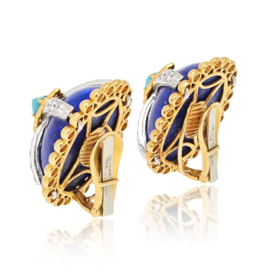 David Webb Platinum & 18K Yellow Gold Turquoise Lapis And Diamond Clip On Earrings - The Back Vault