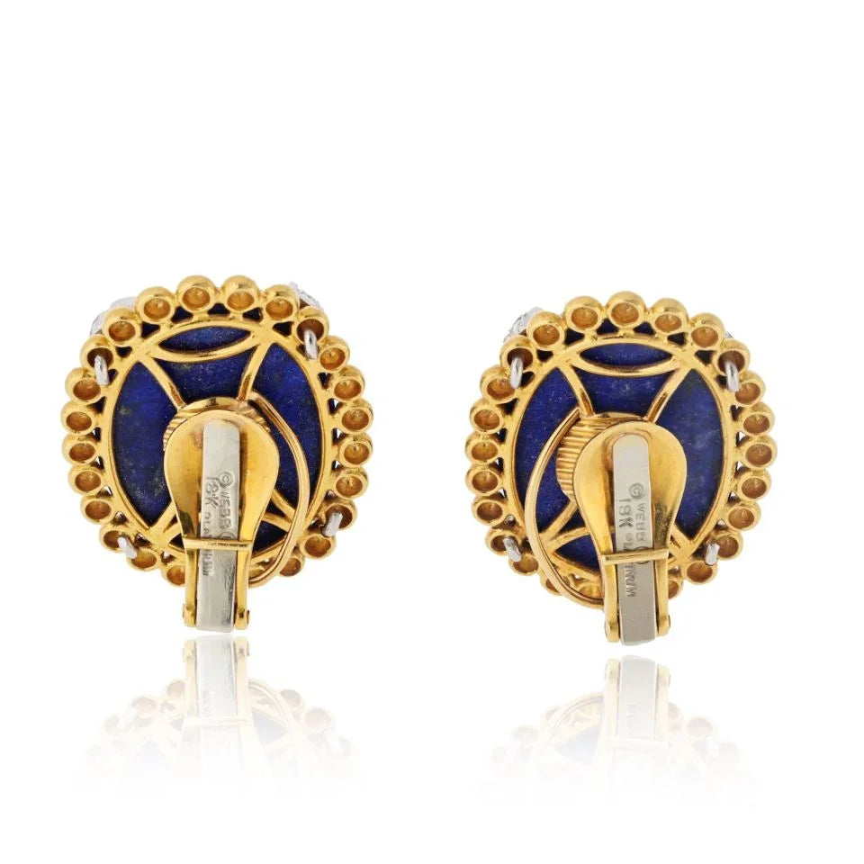 David Webb Platinum & 18K Yellow Gold Turquoise Lapis And Diamond Clip On Earrings - The Back Vault