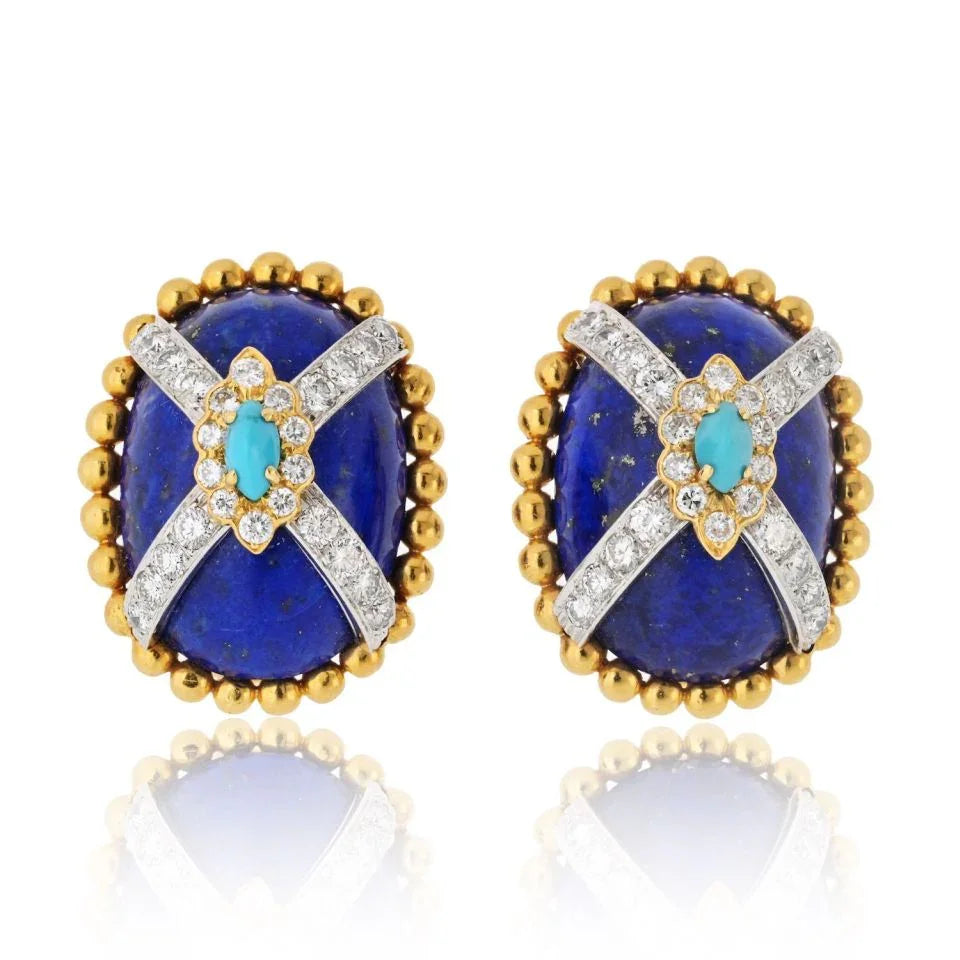 David Webb Platinum & 18K Yellow Gold Turquoise Lapis And Diamond Clip On Earrings - The Back Vault